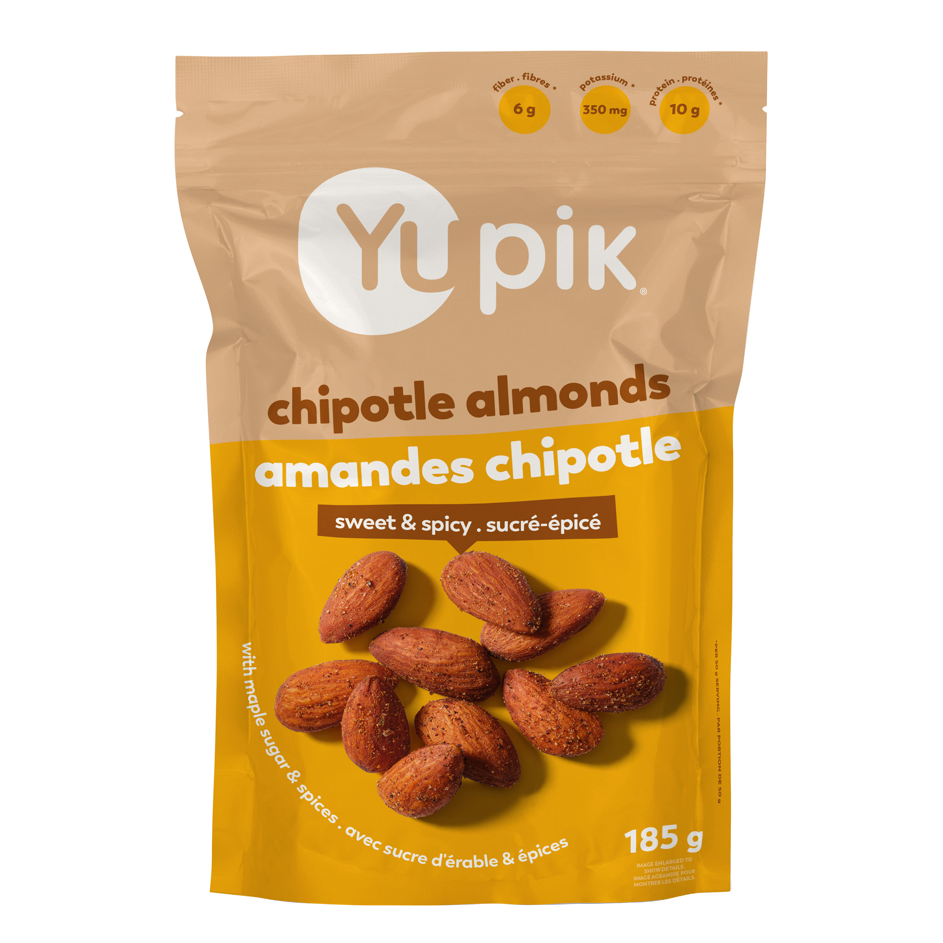 Almonds, Maple chipotle seasoning [spices, herbs, sugar, maple sugar, maltodextrin, salt, dehydrated vegetables (garlic, onion), smoked dehydrated jalapeno pepper, soy sauce (soybeans, wheat, water, salt) (soy, wheat), dehydrated poblano pepper, canola oil, paprika extract, natural flavour], Organic cane sugar, Sea salt, Organic virgin coconut oil