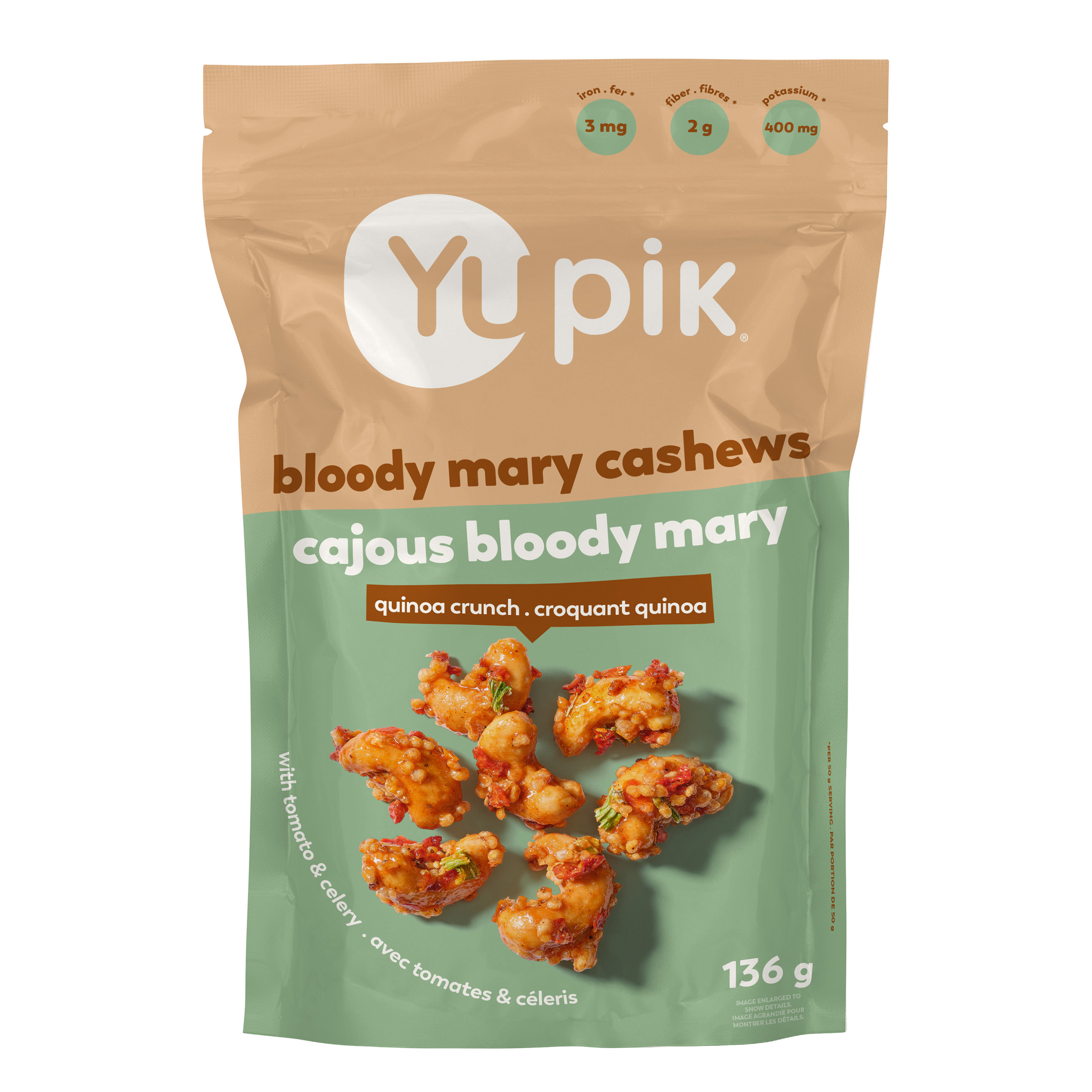 Cashews, Organic cane sugar, Quinoa, Seasoning [tomato (concentrate, flakes, powder), salt, aged red cayenne peppers, distilled vinegar, spices, maltodextrin, lime juice powder, natural flavour (Mustard), citric acid, celery seeds, silicon dioxide, celery flakes], Organic coconut oil