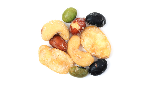 Cashews, Broad beans, Edamame beans (soy), Black soybeans (soy), Peanuts, Non-GMO canola oil, Palm oil, Sea salt, Seasoning [sodium diacetate, salt, sugars (dextrose, maltodextrin), corn starch, vinegar powder (maltodextrin, white distilled vinegar), silicon dioxide (anti-caking agent), canola oil, malic acid]