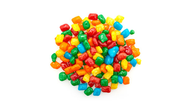 Sugar, gum base, corn syrup, artificial flavor (Tutti Frutti), artificial colors (FD&C yellow 5, FD&C yellow 6, FD&C red 40, FD&C blue 1).